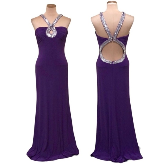 Faviana Couture Formal Maxi Dress Size 6 Purple Silver Beaded Ruched Jersey Gown - Picture 1 of 11